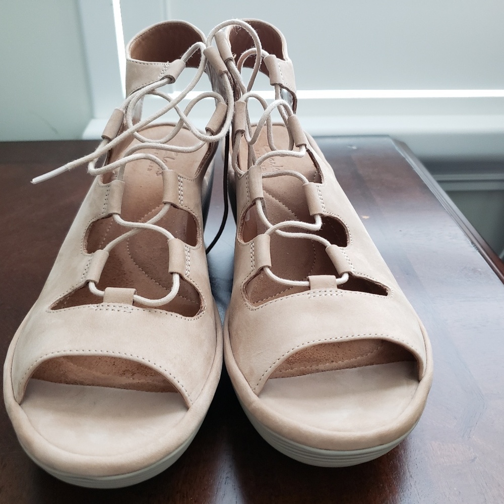 SOLD...Clark's Artisan Leather Ghillie Wedge Sandle. Sand